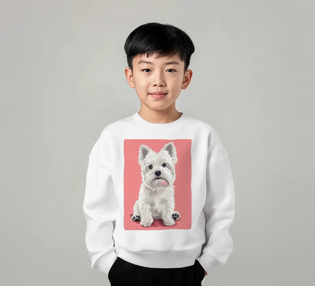 Cute white dog with fluffy fur sitting against a pink art kids sweatshirt by DesignDoodle