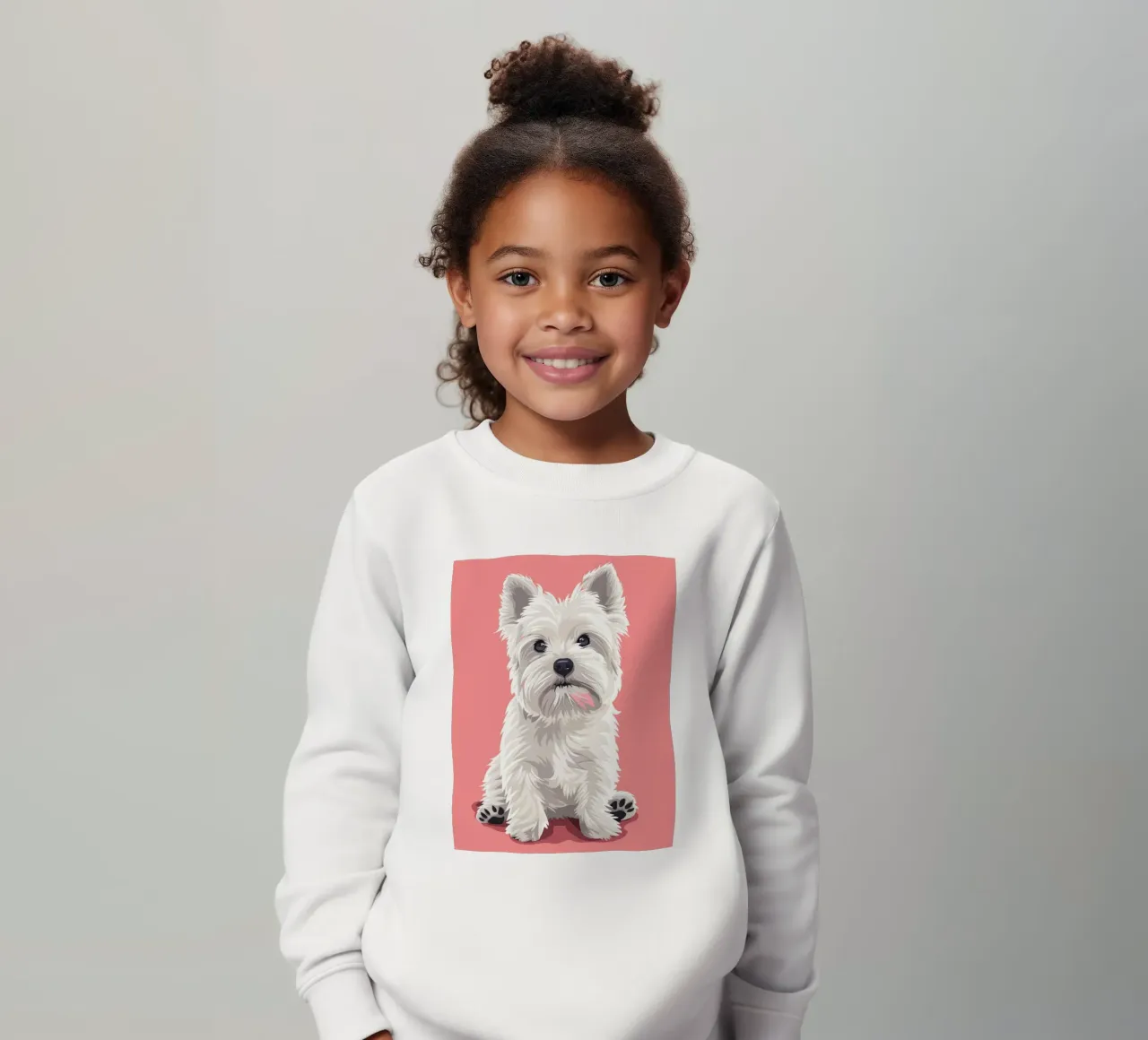 Cute white dog with fluffy fur sitting against a pink art kids sweatshirt by DesignDoodle