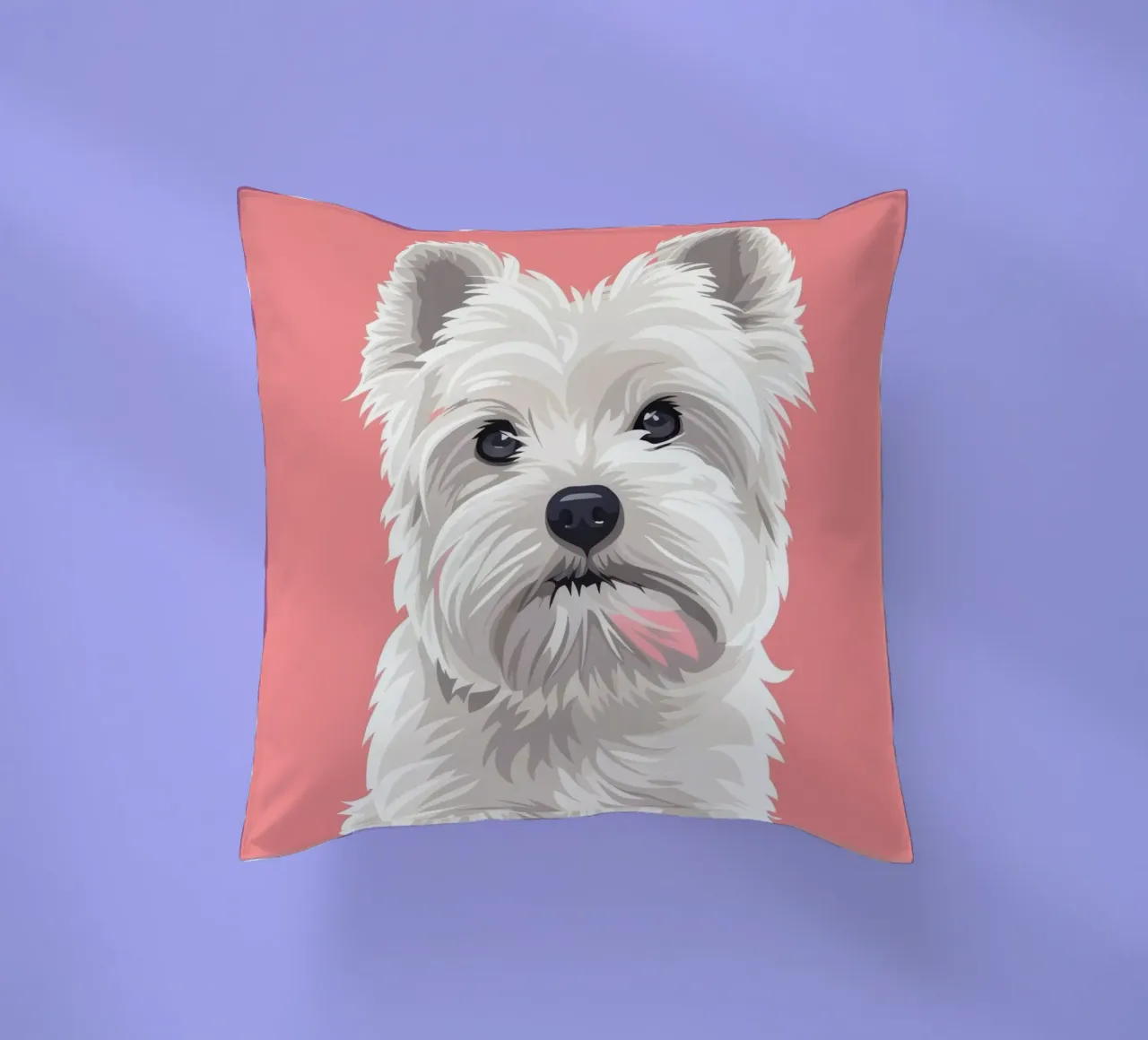 Chien blanc mignon à la fourrure duveteuse assis sur un tableau rose coussin de DesignDoodle