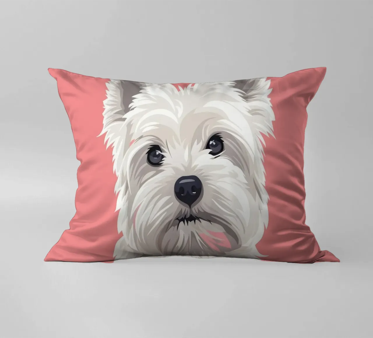 Chien blanc mignon à la fourrure duveteuse assis sur un tableau rose coussin de DesignDoodle