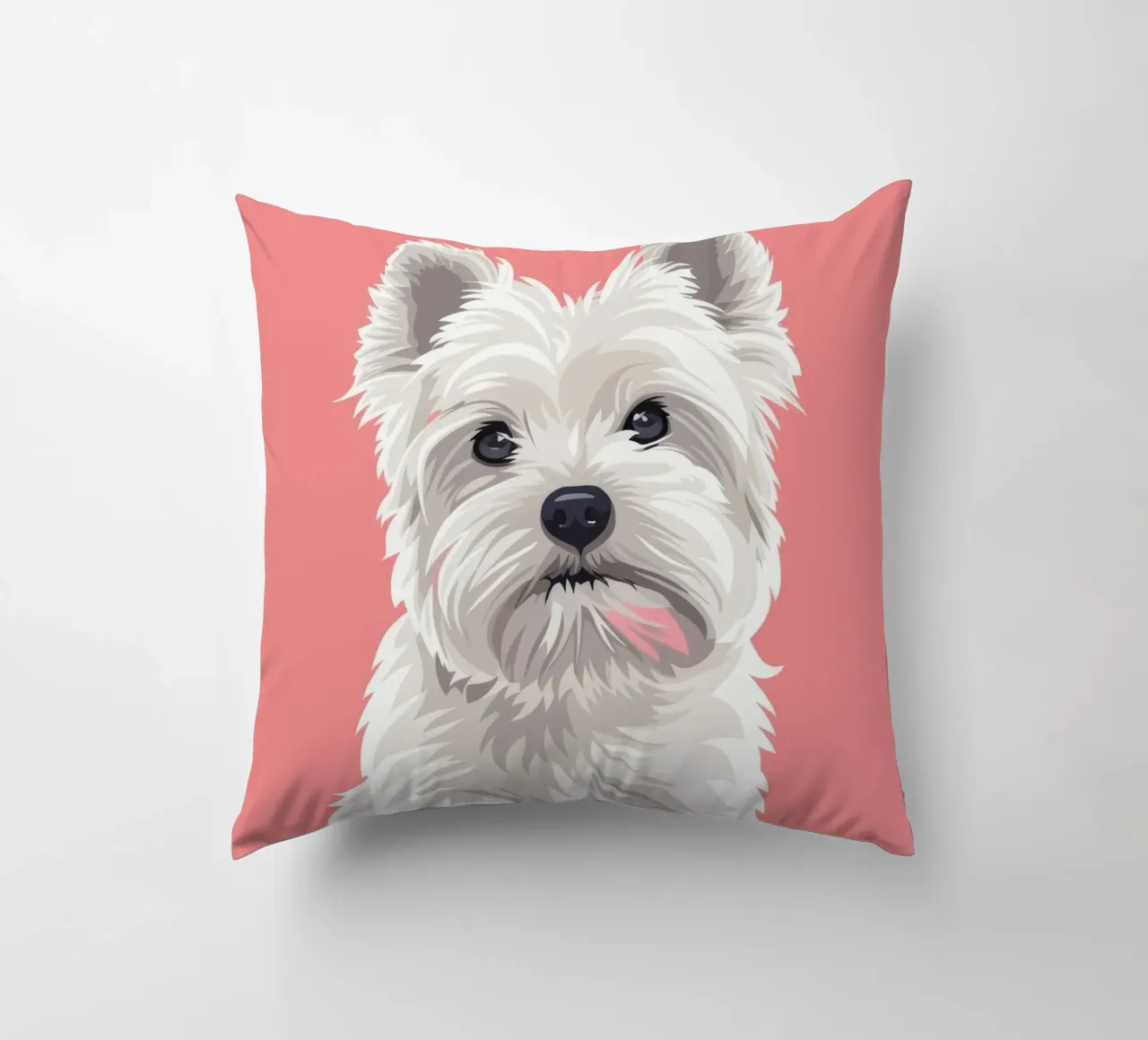 Chien blanc mignon à la fourrure duveteuse assis sur un tableau rose coussin de DesignDoodle