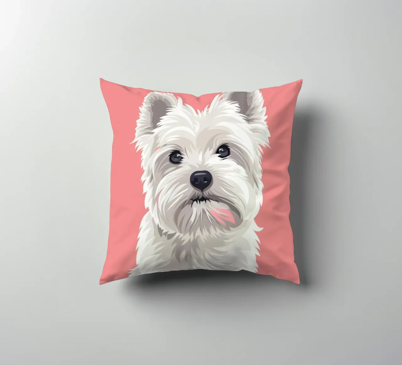 Chien blanc mignon à la fourrure duveteuse assis sur un tableau rose coussin de DesignDoodle