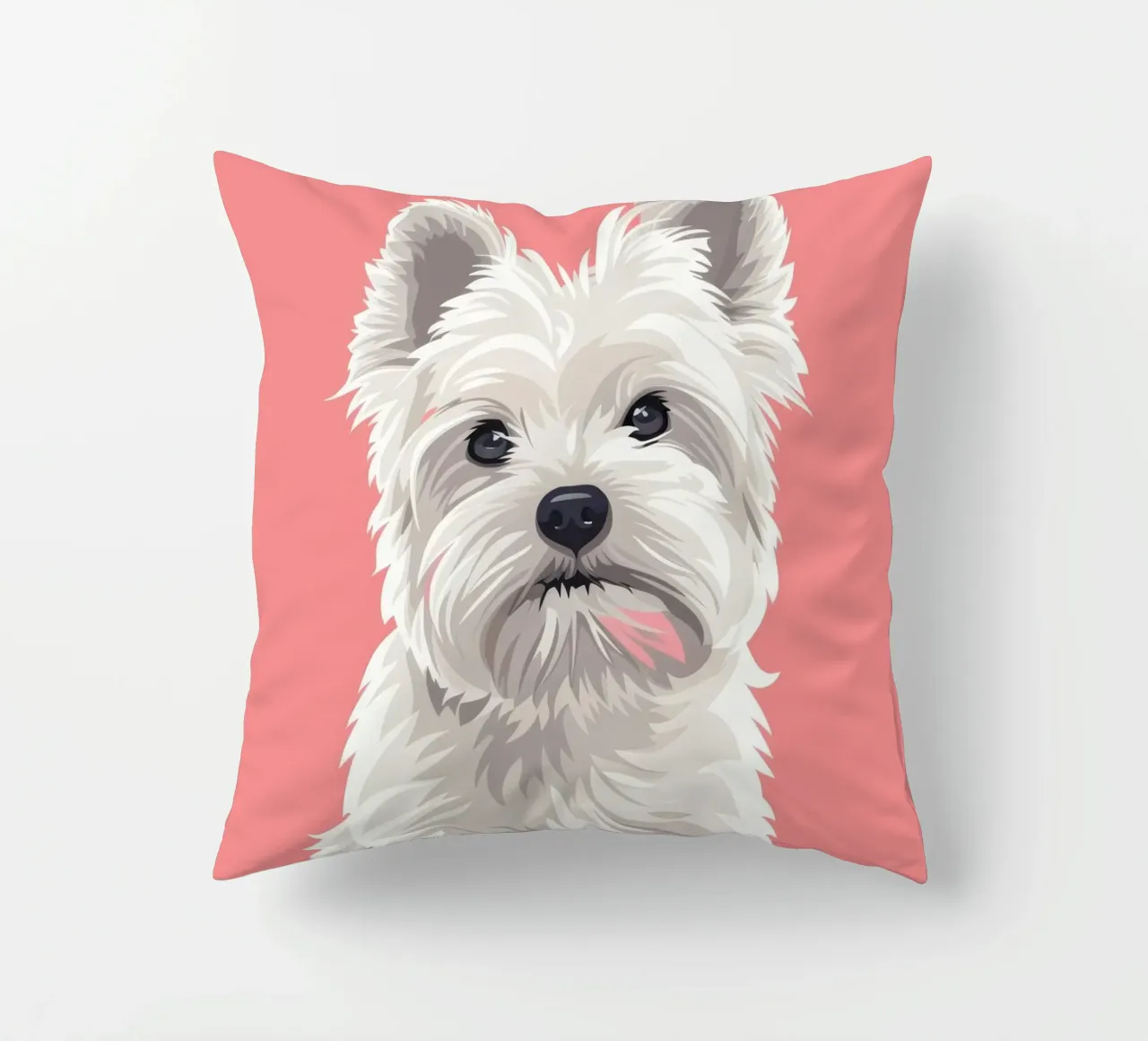 Chien blanc mignon à la fourrure duveteuse assis sur un tableau rose coussin de DesignDoodle