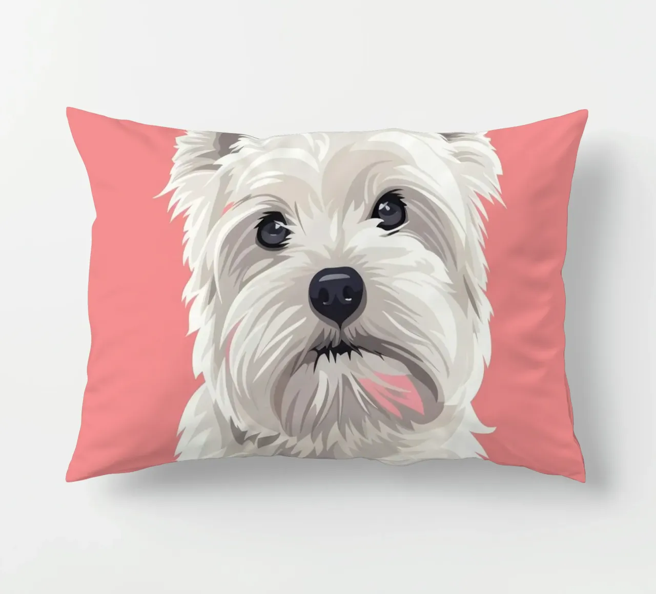 Chien blanc mignon à la fourrure duveteuse assis sur un tableau rose coussin de DesignDoodle