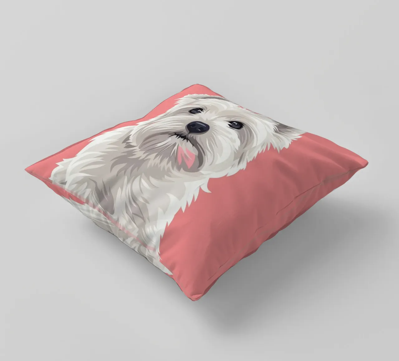 Chien blanc mignon à la fourrure duveteuse assis sur un tableau rose coussin de DesignDoodle