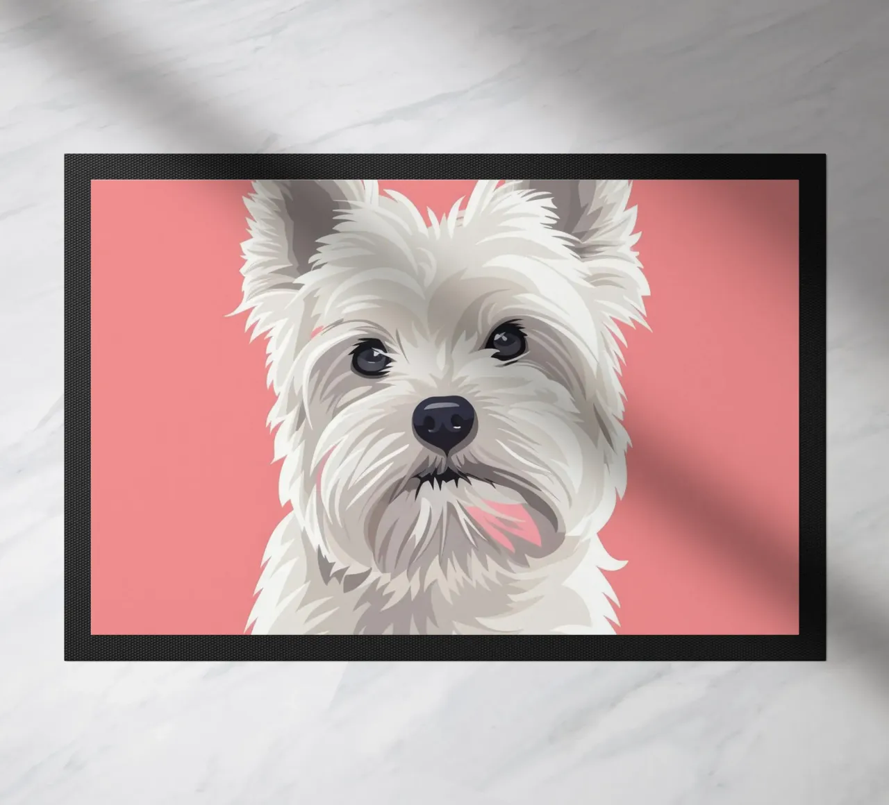 Chien blanc mignon à la fourrure duveteuse assis sur un tableau rose paillasson de DesignDoodle