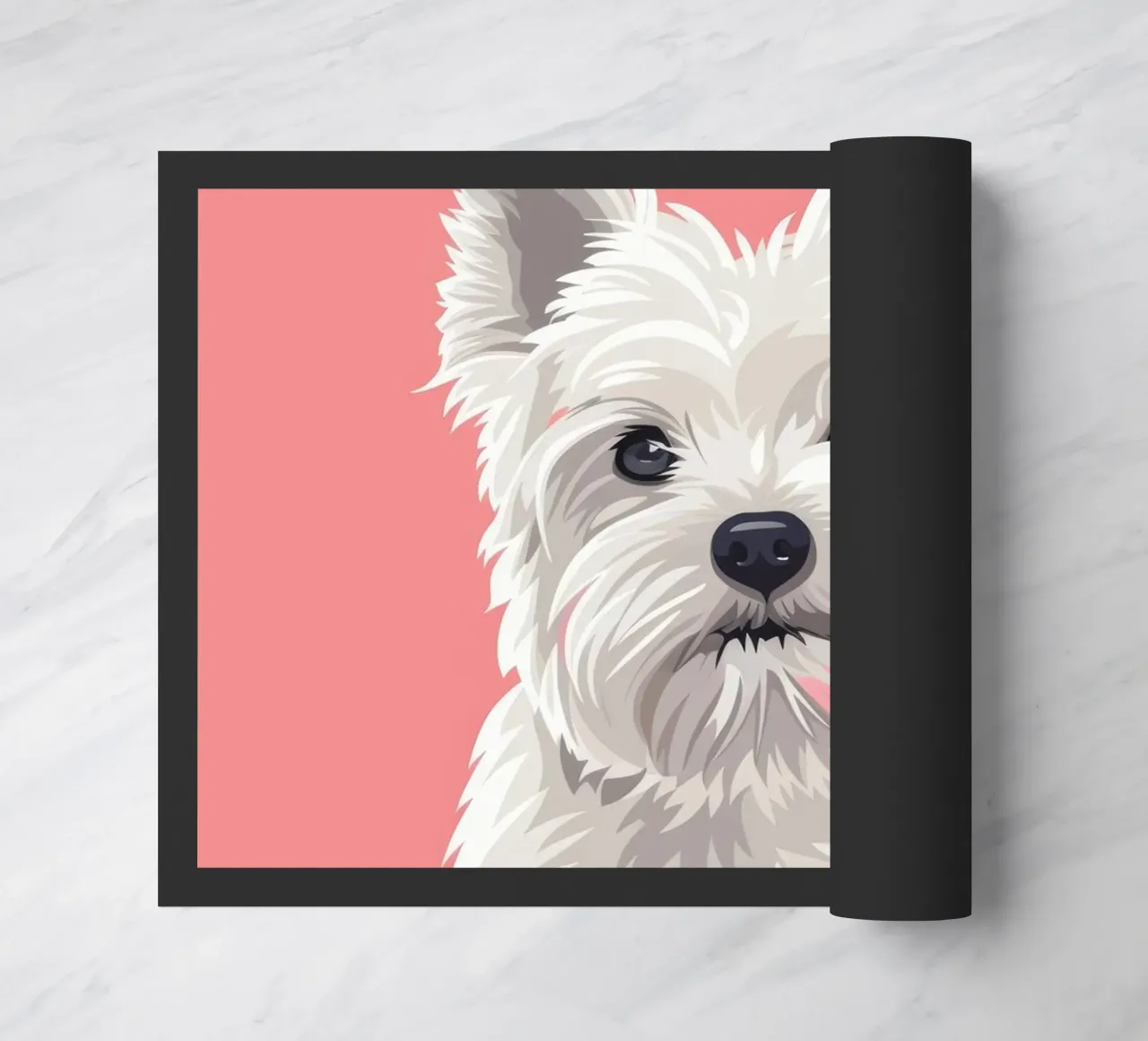 Chien blanc mignon à la fourrure duveteuse assis sur un tableau rose paillasson de DesignDoodle
