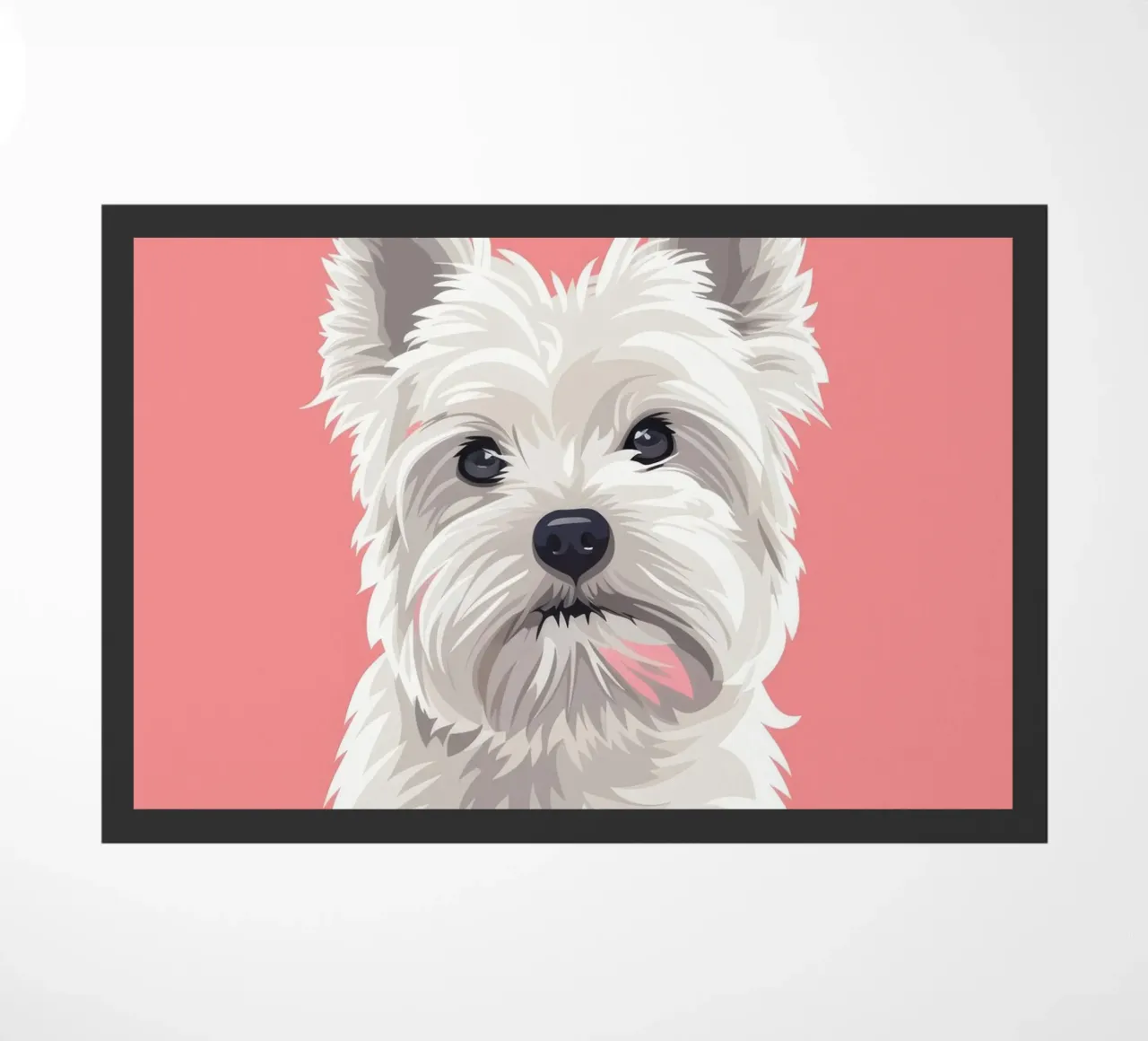 Chien blanc mignon à la fourrure duveteuse assis sur un tableau rose paillasson de DesignDoodle