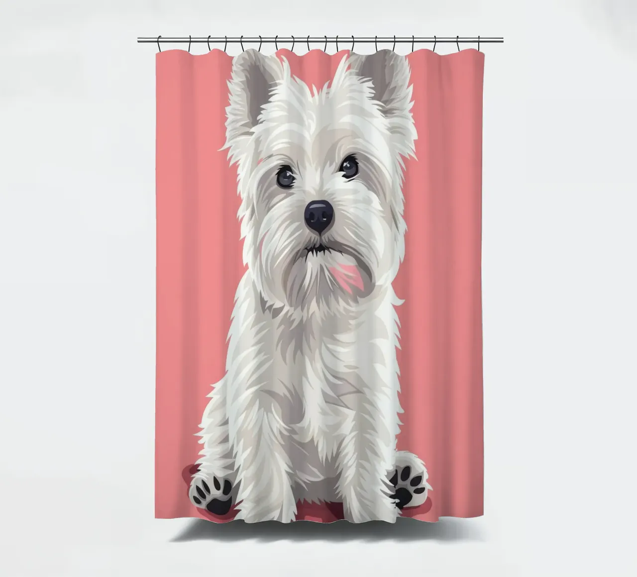 Niedlicher weißer Hund mit flauschigem Fell sitzt vor einem rosa Kunstwerk Duschvorhang von DesignDoodle