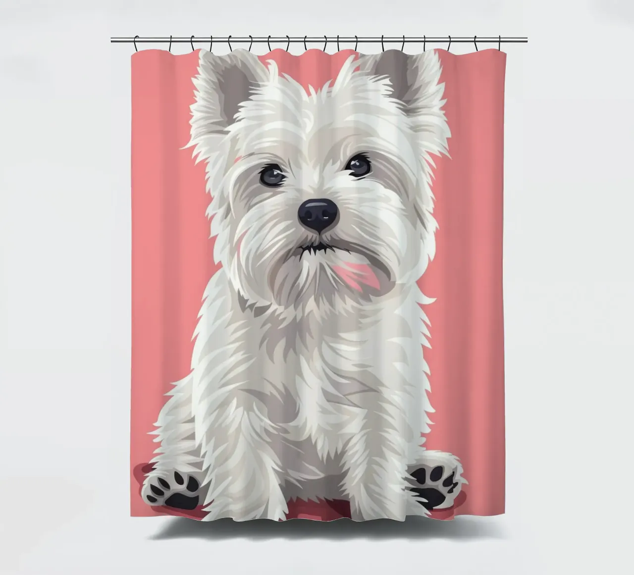 Niedlicher weißer Hund mit flauschigem Fell sitzt vor einem rosa Kunstwerk Duschvorhang von DesignDoodle