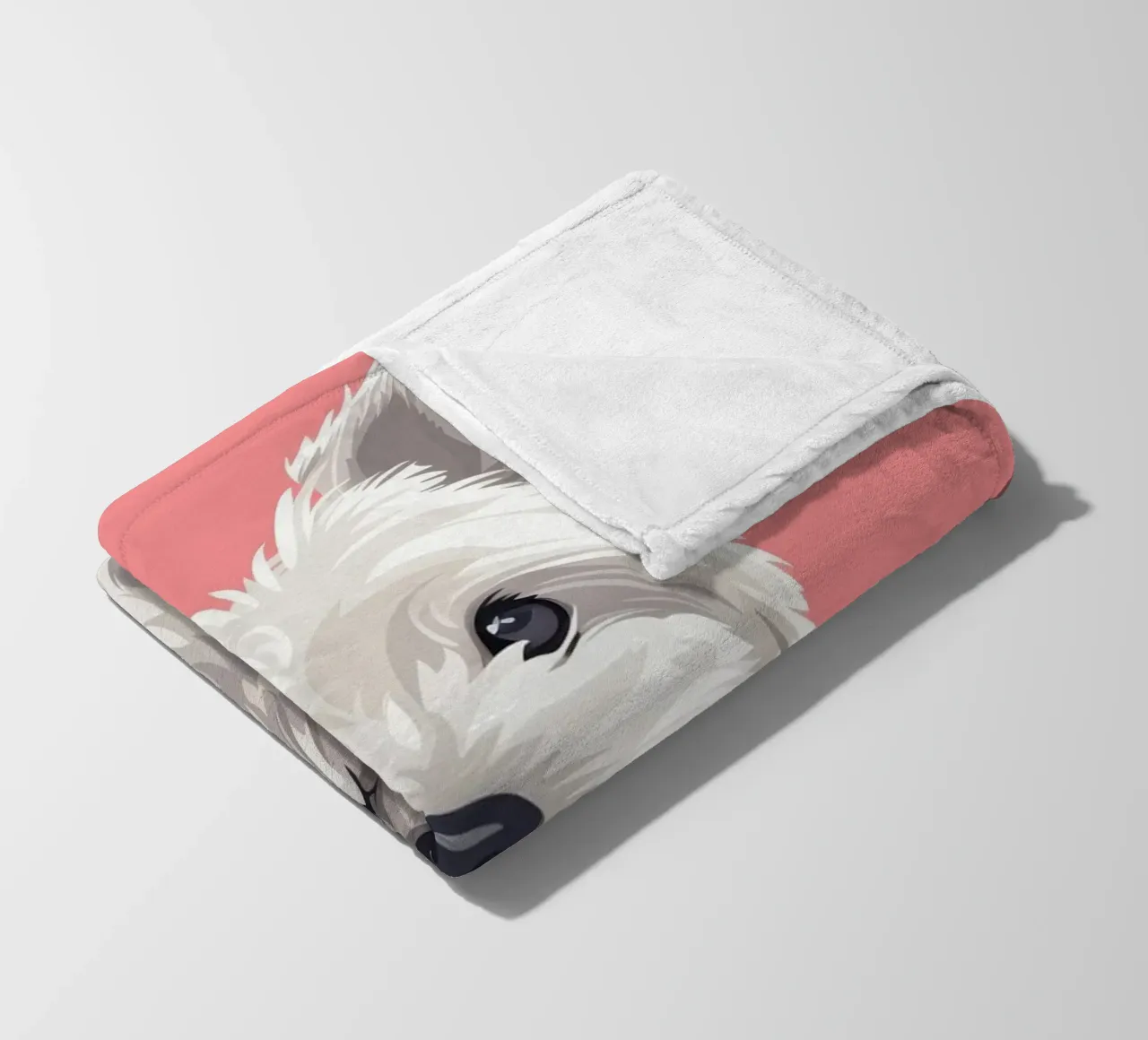 Chien blanc mignon à la fourrure duveteuse assis sur un tableau rose plaid polaire de DesignDoodle