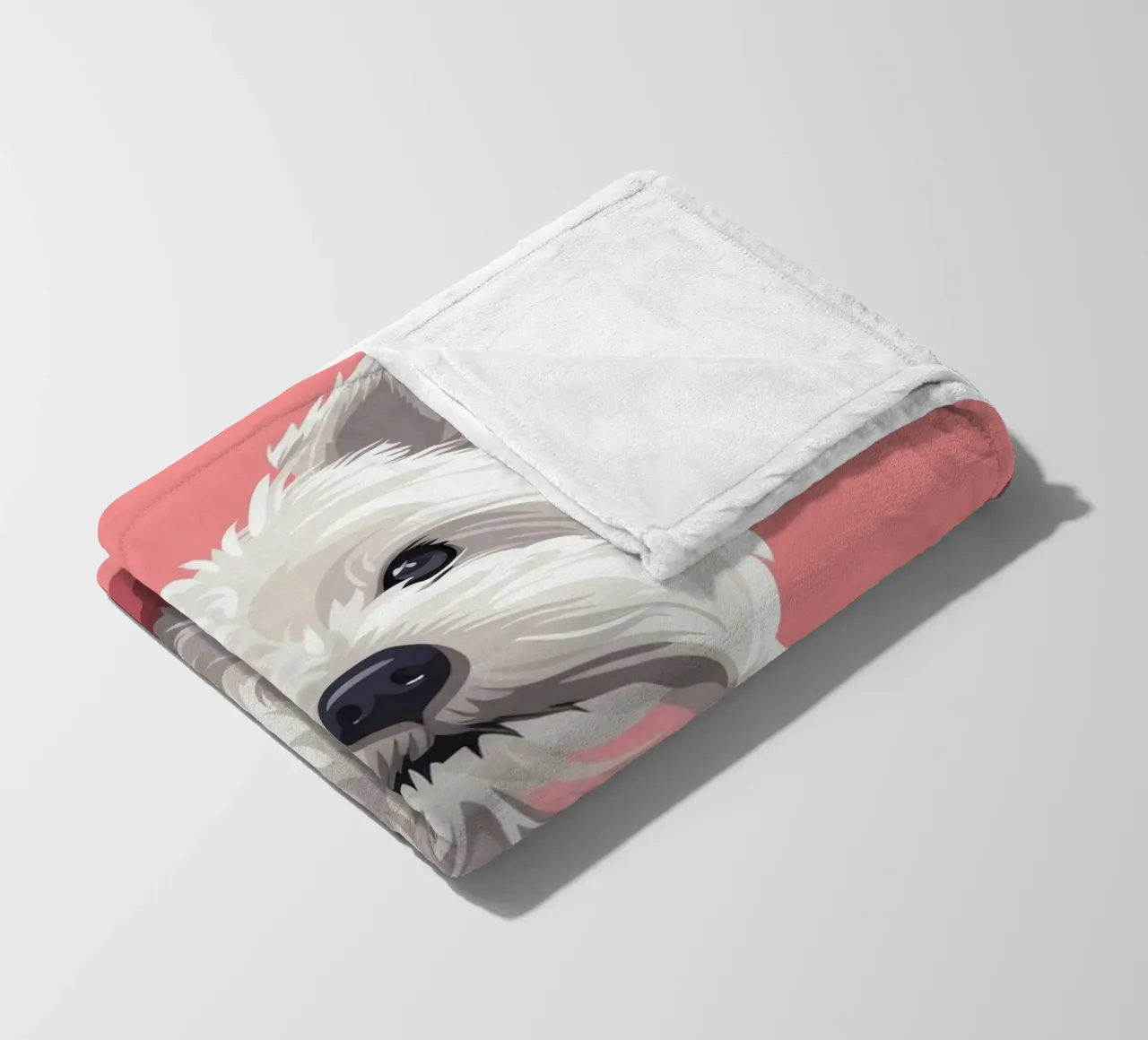 Chien blanc mignon à la fourrure duveteuse assis sur un tableau rose plaid polaire de DesignDoodle