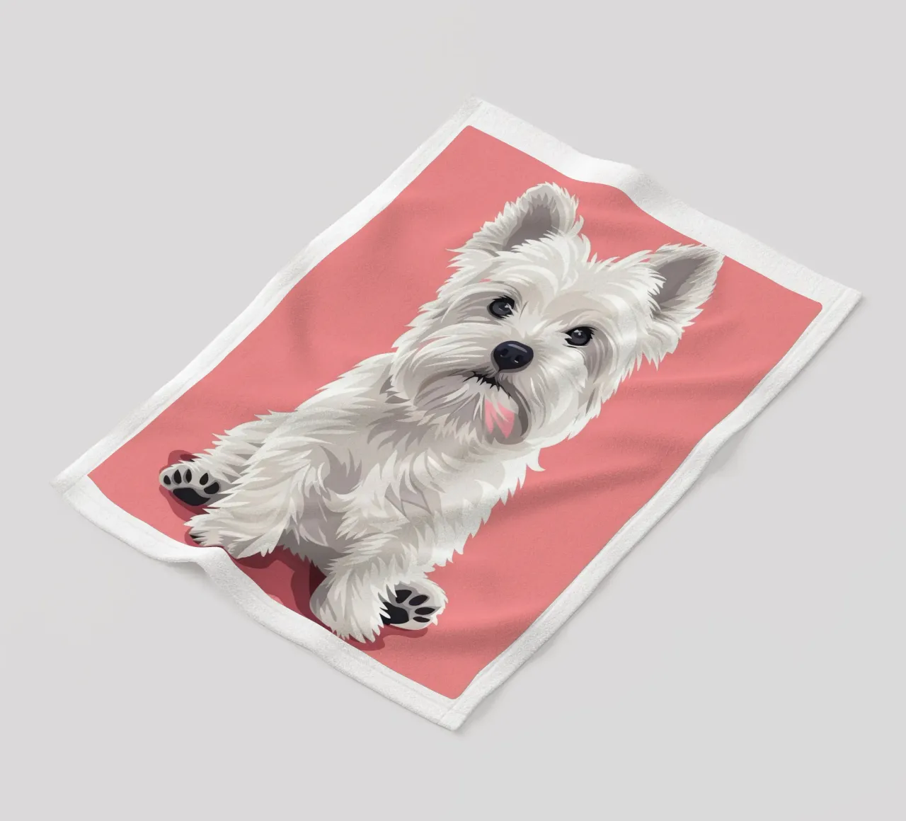 Chien blanc mignon à la fourrure duveteuse assis sur un tableau rose plaid polaire de DesignDoodle