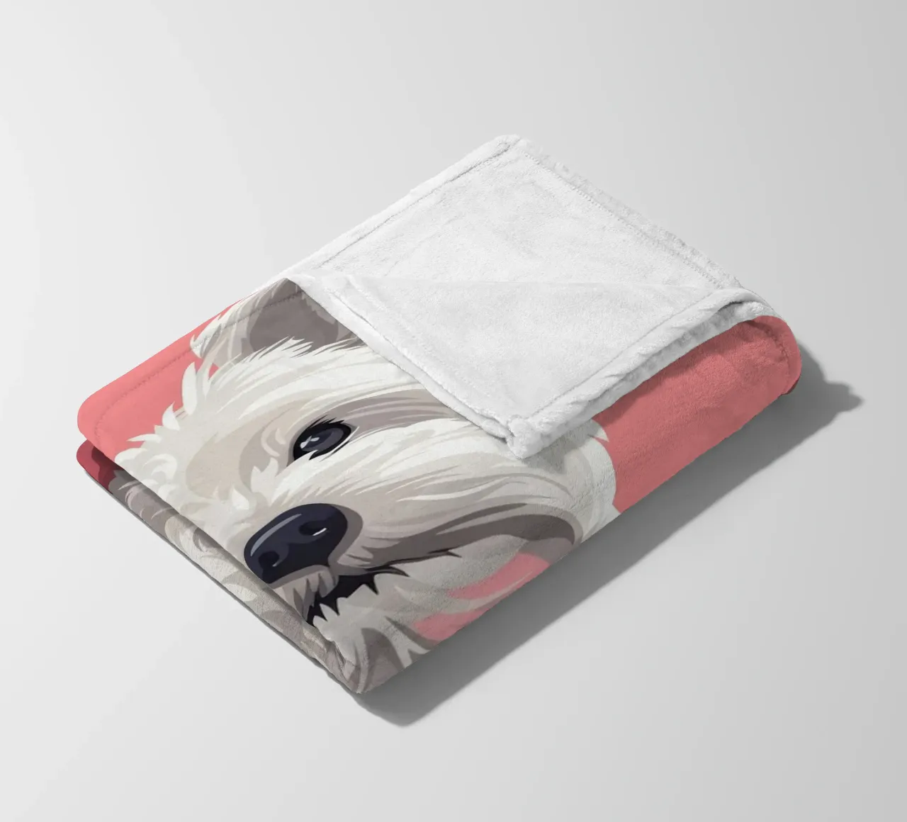 Chien blanc mignon à la fourrure duveteuse assis sur un tableau rose plaid polaire de DesignDoodle