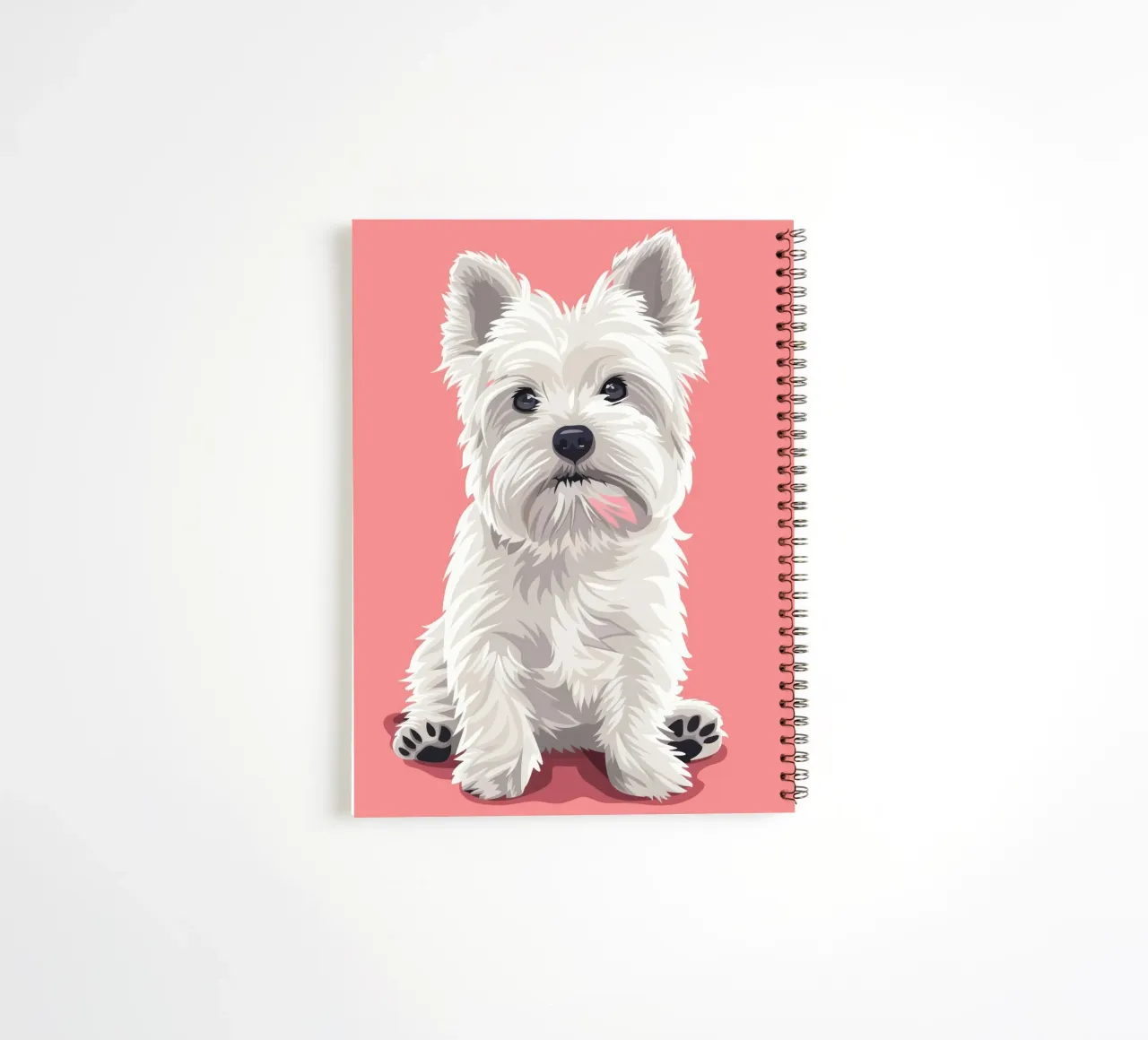 Cute white dog with fluffy fur sitting against a pink art spiral notebook by DesignDoodle