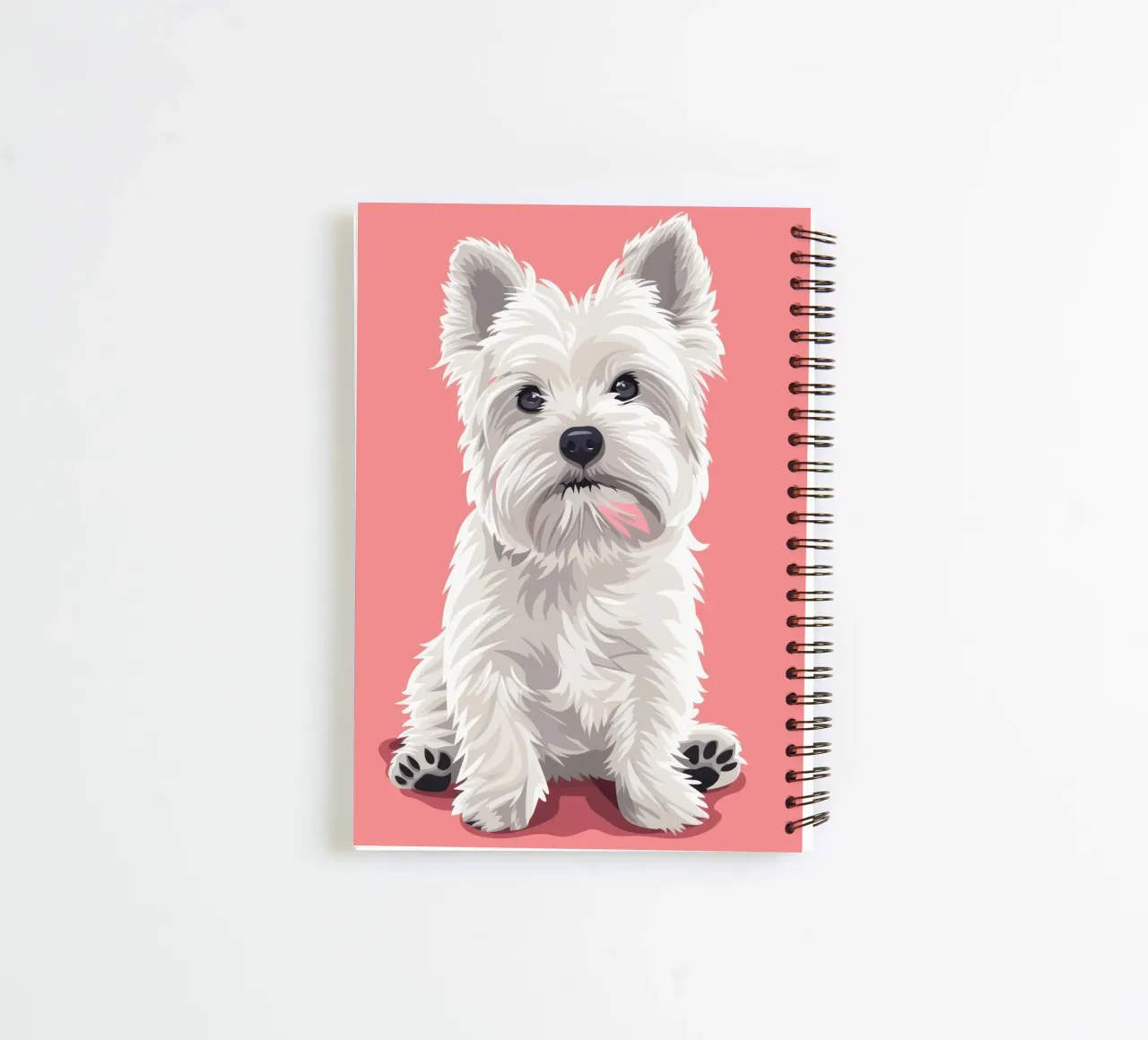 Cute white dog with fluffy fur sitting against a pink art spiral notebook by DesignDoodle