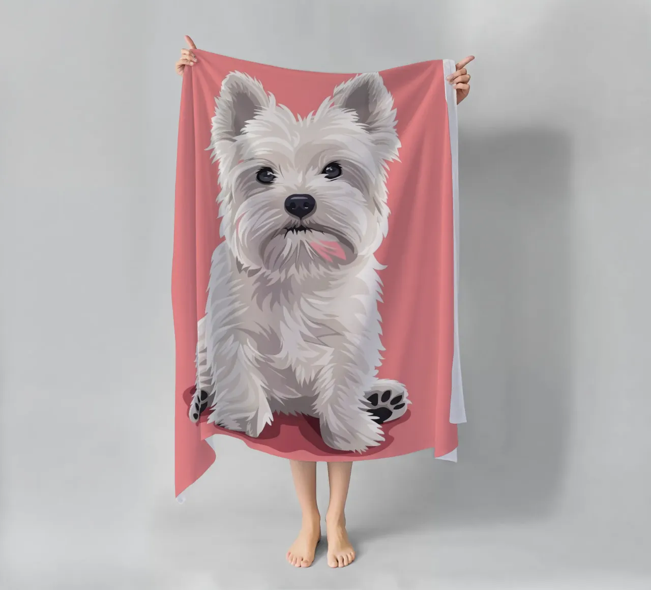 Chien blanc mignon à la fourrure duveteuse assis sur un tableau rose serviette de plage de DesignDoodle