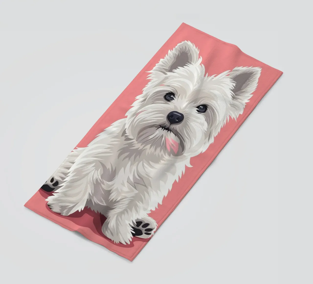 Chien blanc mignon à la fourrure duveteuse assis sur un tableau rose serviette de plage de DesignDoodle