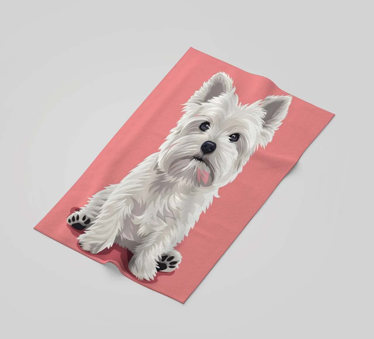 Chien blanc mignon à la fourrure duveteuse assis sur un tableau rose serviette de plage de DesignDoodle