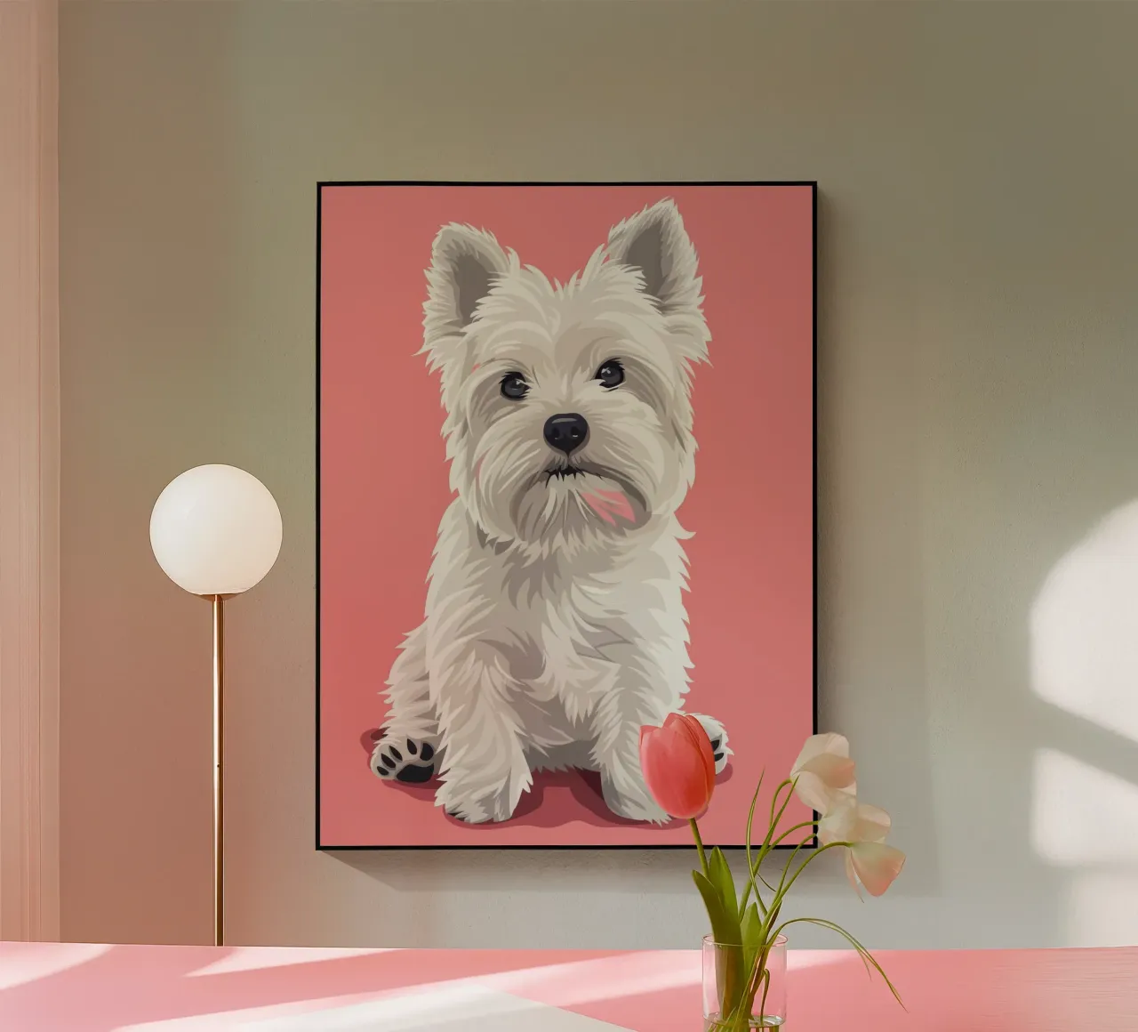 Chien blanc mignon à la fourrure duveteuse assis sur un tableau rose plexiglas de DesignDoodle