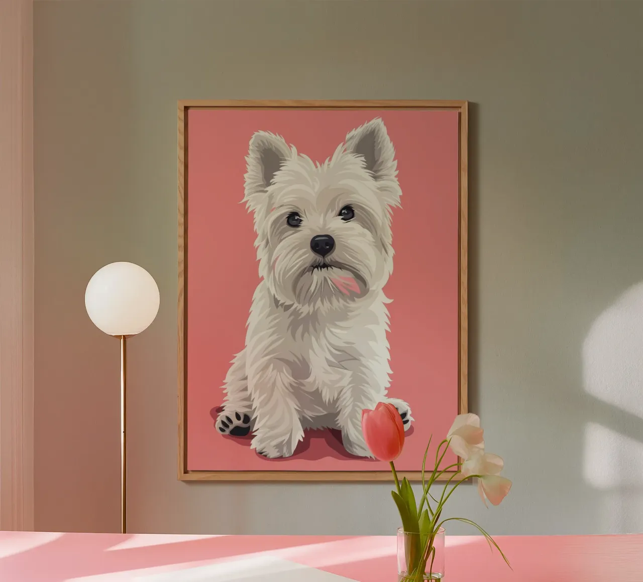 Chien blanc mignon à la fourrure duveteuse assis sur un tableau rose alu dibond de DesignDoodle