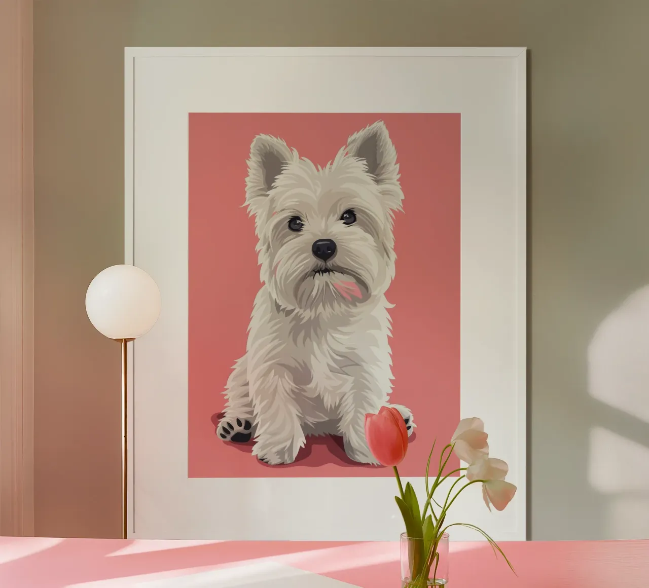 Chien blanc mignon à la fourrure duveteuse assis sur un tableau rose hahnemühle de DesignDoodle