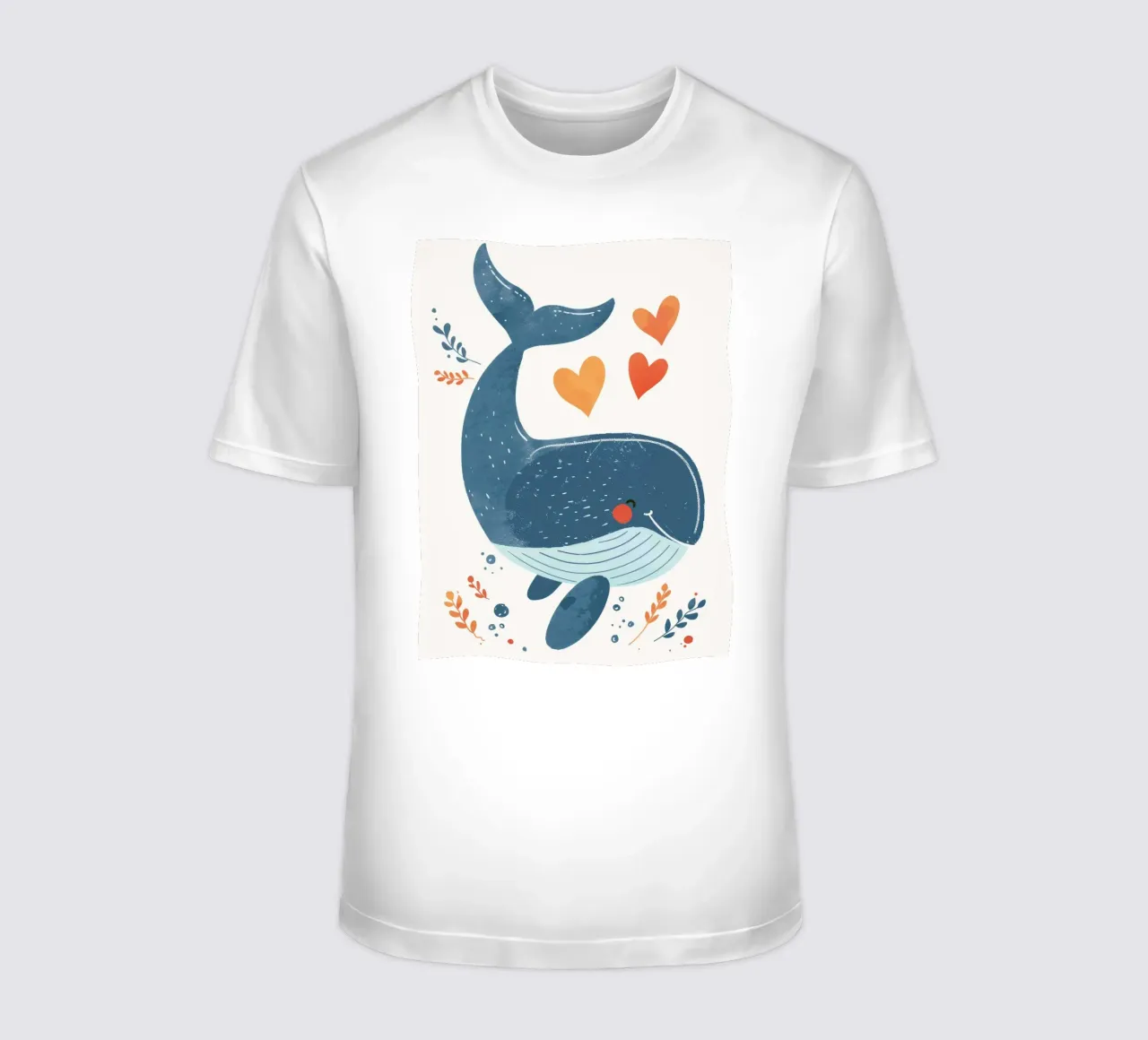 Joyful whale surrounded by hearts & plants in playful art t-shirt by DesignDoodle