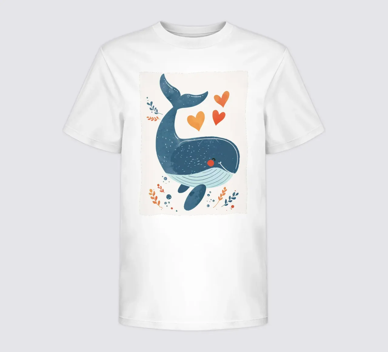 Joyful whale surrounded by hearts & plants in playful art kids t-shirt by DesignDoodle