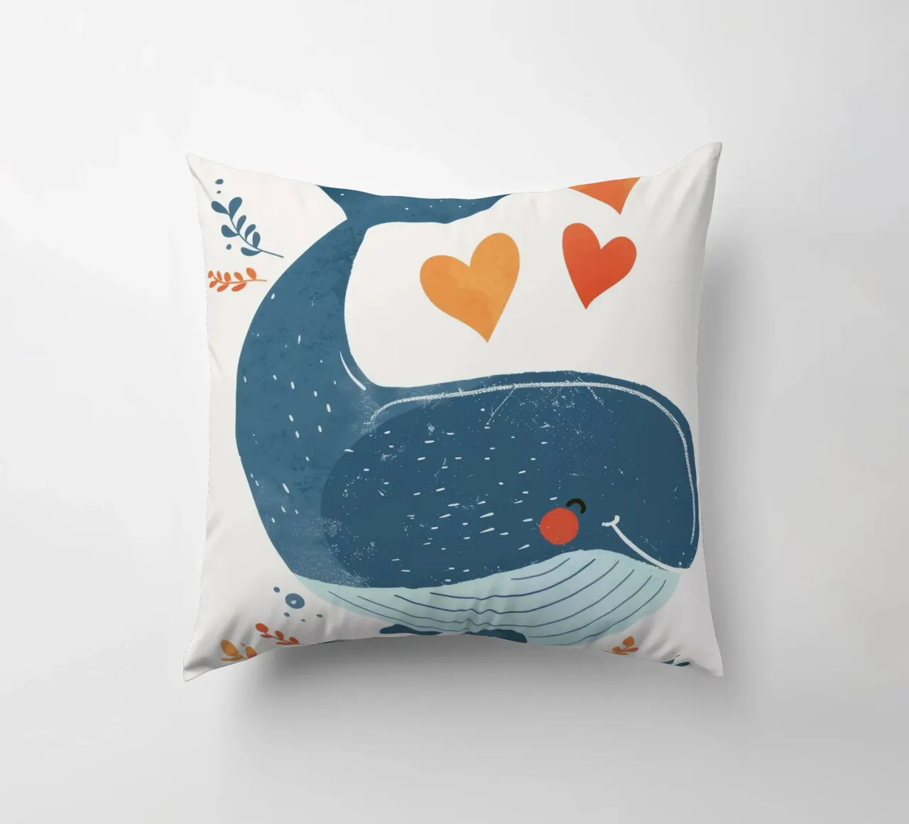 Balena gioiosa circondata da cuori e piante in un'arte ludica cuscino da DesignDoodle