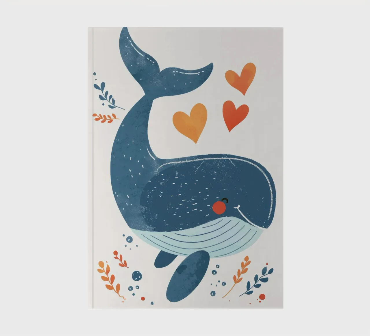 Joyful whale surrounded by hearts & plants in playful art notebook by DesignDoodle