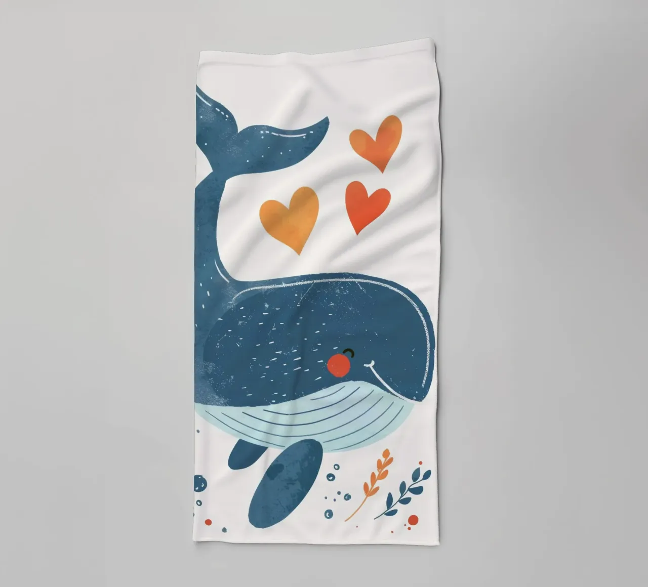 Joyful whale surrounded by hearts & plants in playful art towel by DesignDoodle