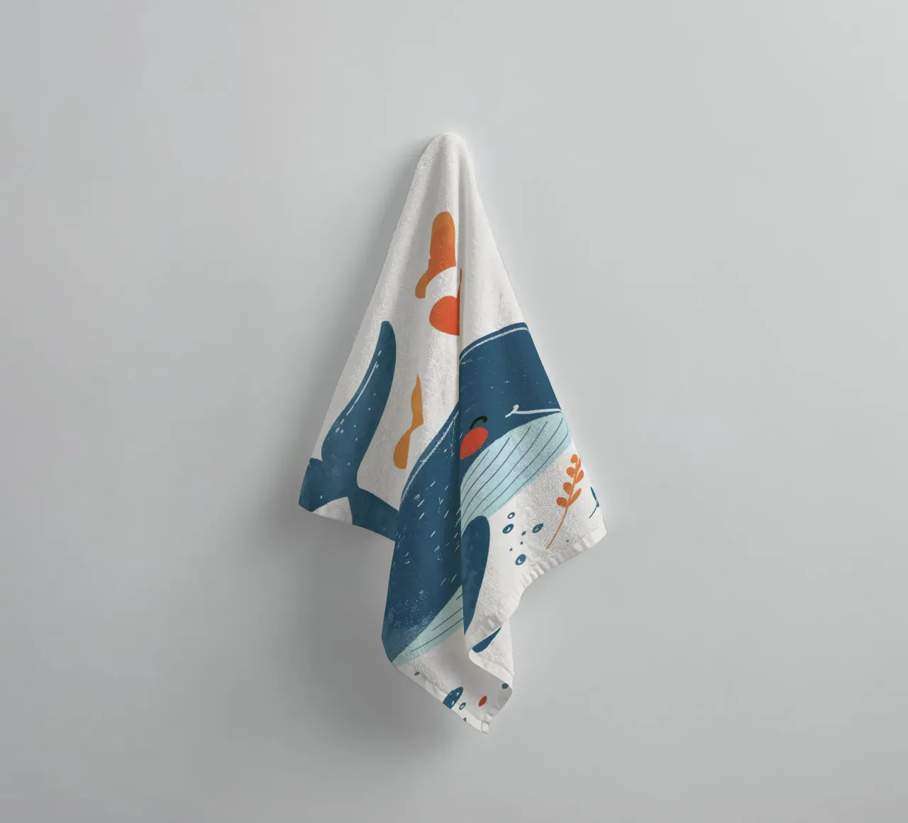 Joyful whale surrounded by hearts & plants in playful art towel by DesignDoodle