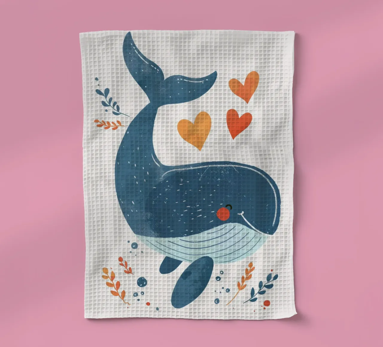 Baleine joyeuse entourée de cœurs et de plantes dans un art ludique torchon de DesignDoodle