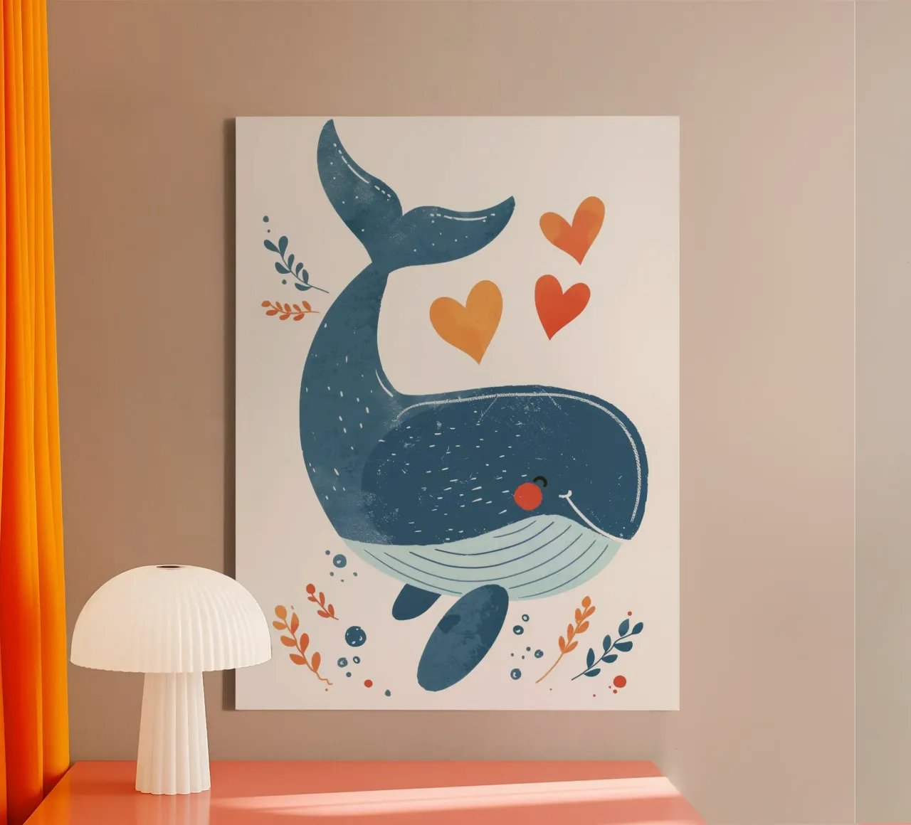 Joyful whale surrounded by hearts & plants in playful art canvas by DesignDoodle