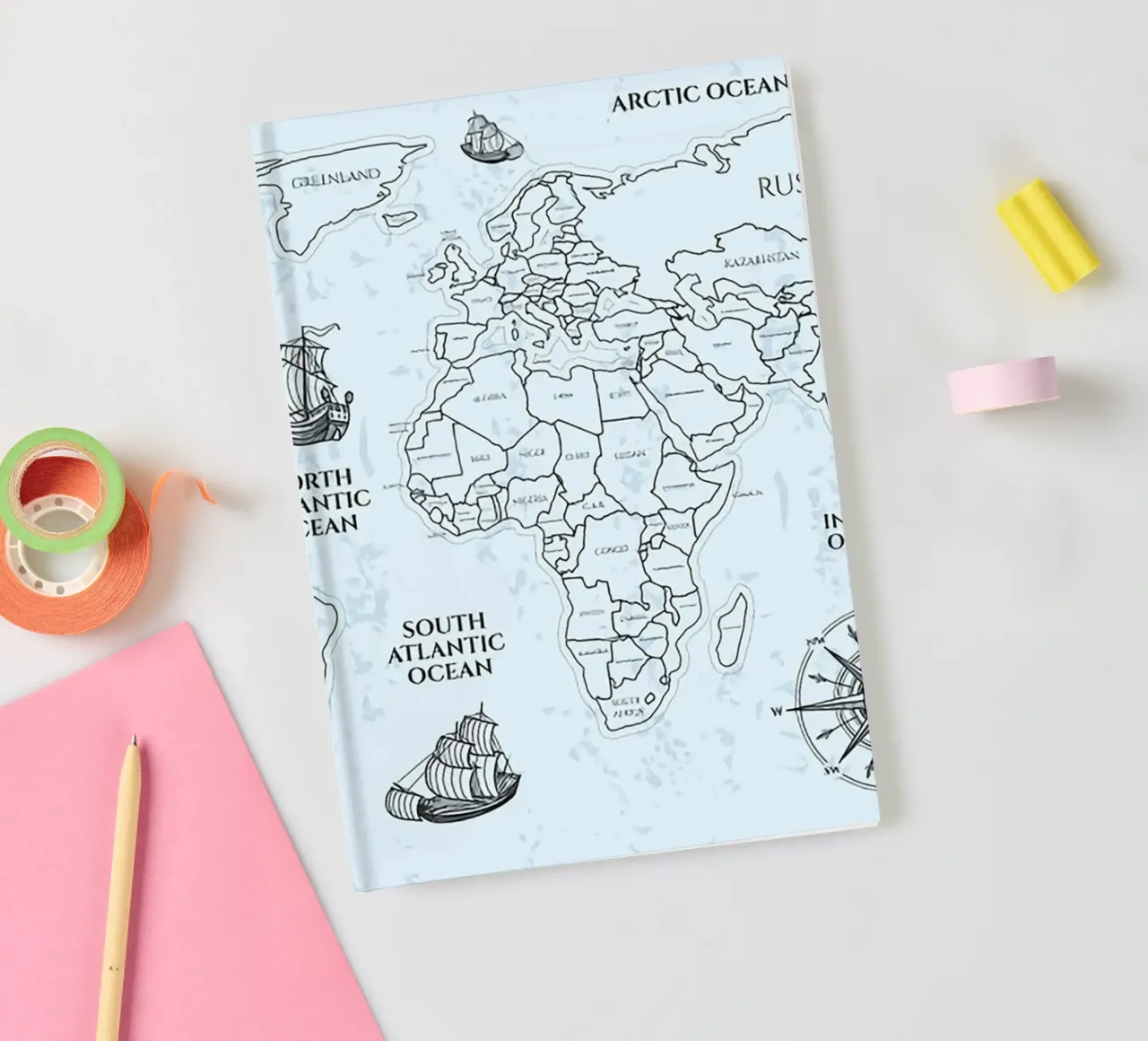 world map labels notebook by Laura Harris