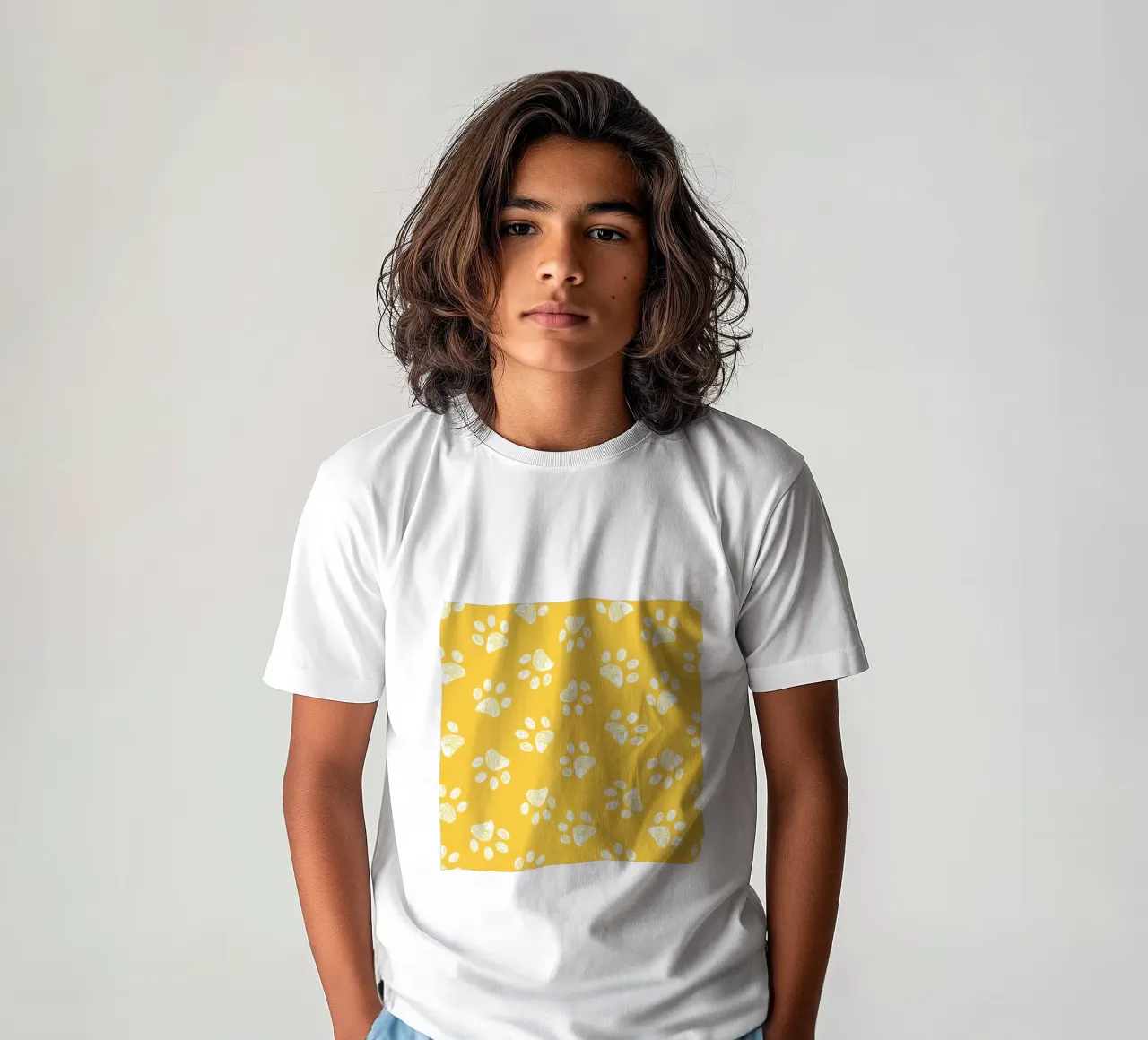 Empreintes de pattes blanches sur fond jaune t-shirt enfant de gulsengunel