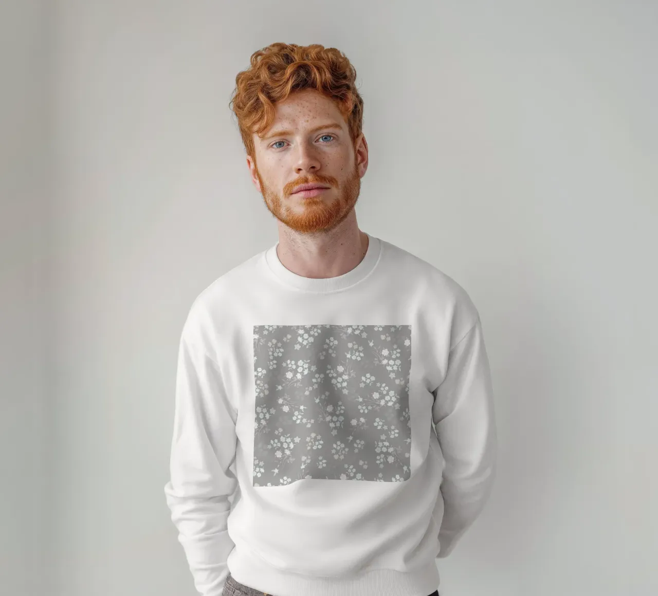 White ditsy pattern with grey background sweatshirt by gulsengunel