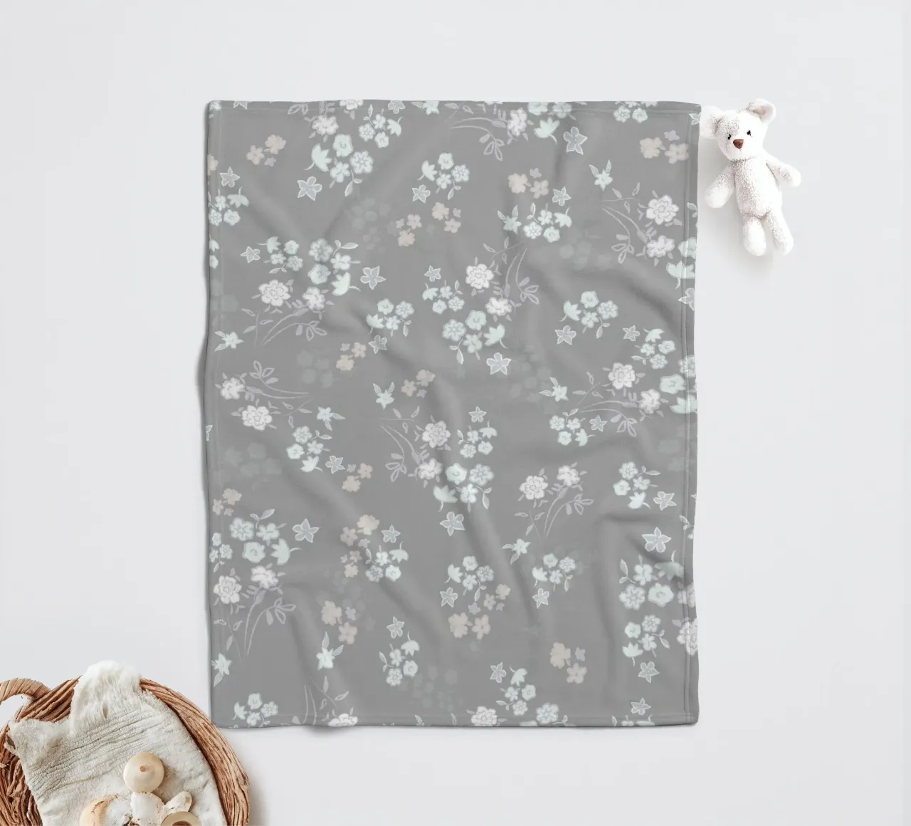 White ditsy pattern with grey background fleece blanket by gulsengunel