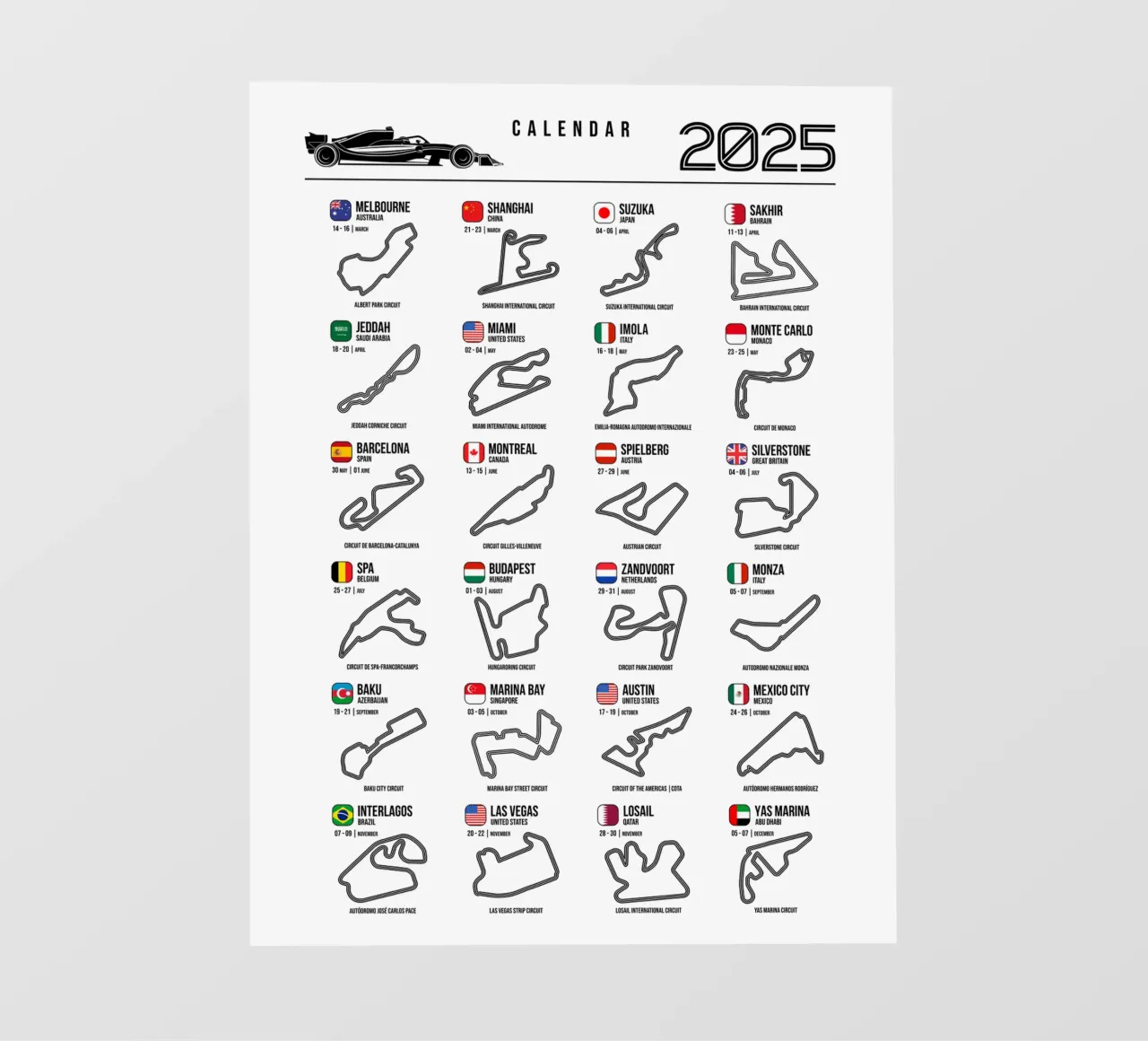 Programma Auto da corsa di Formula 2025 pellicola backlit da Mariel Toigo