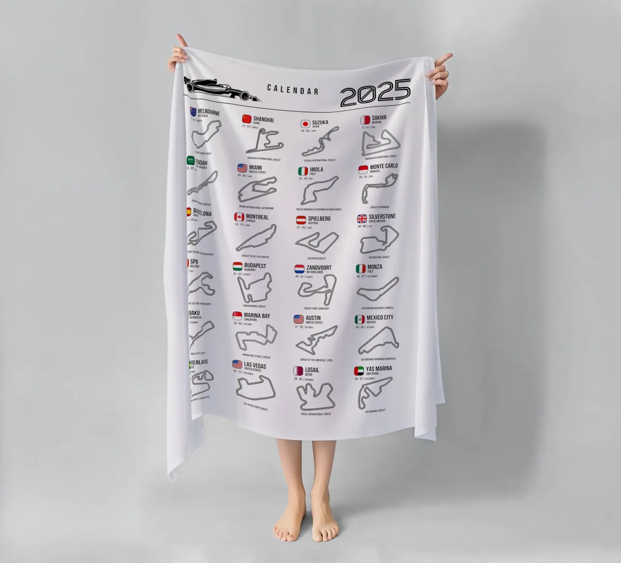 Programma Auto da corsa di Formula 2025 telo mare da Mariel Toigo