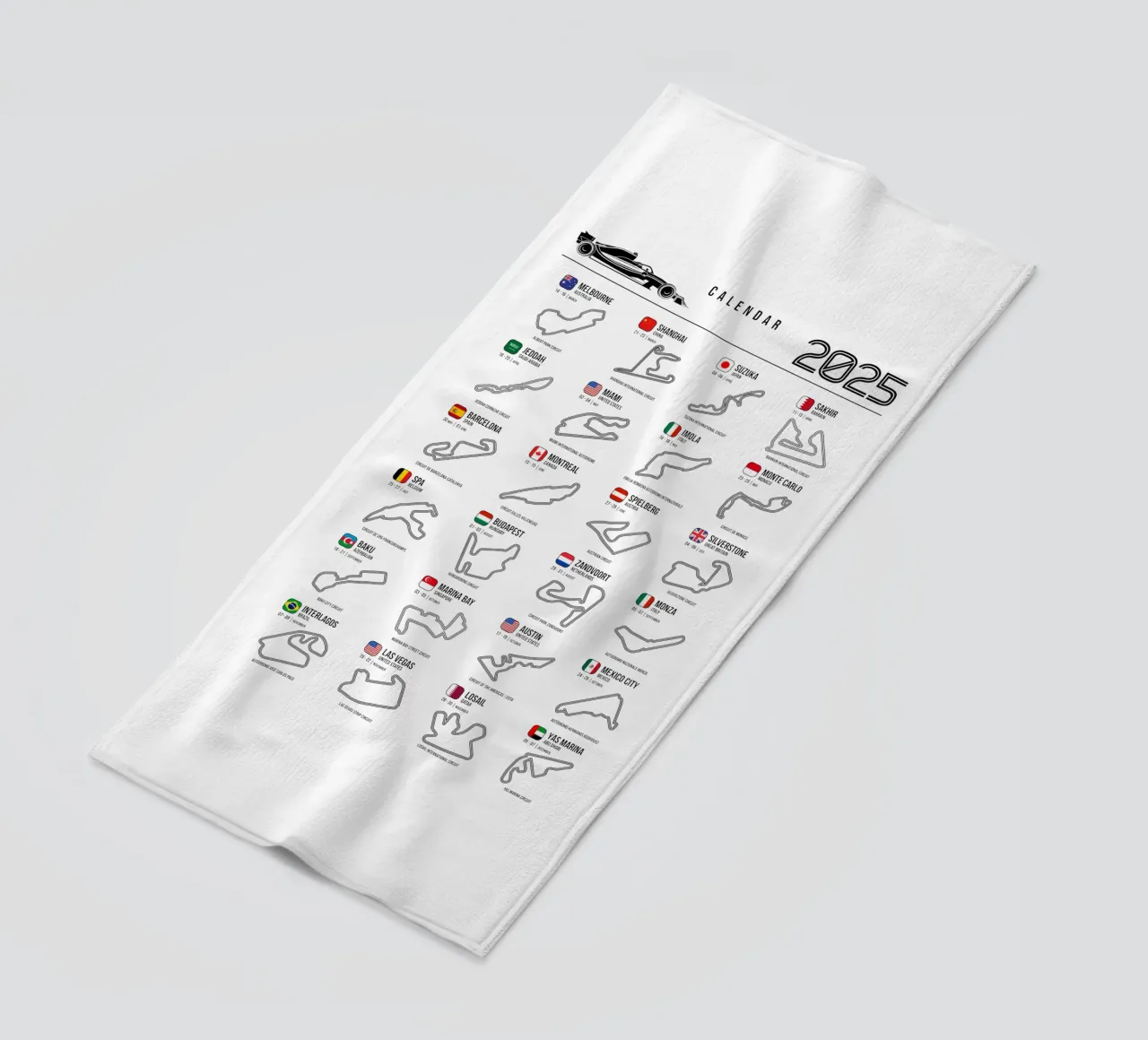 Programma Auto da corsa di Formula 2025 telo mare da Mariel Toigo