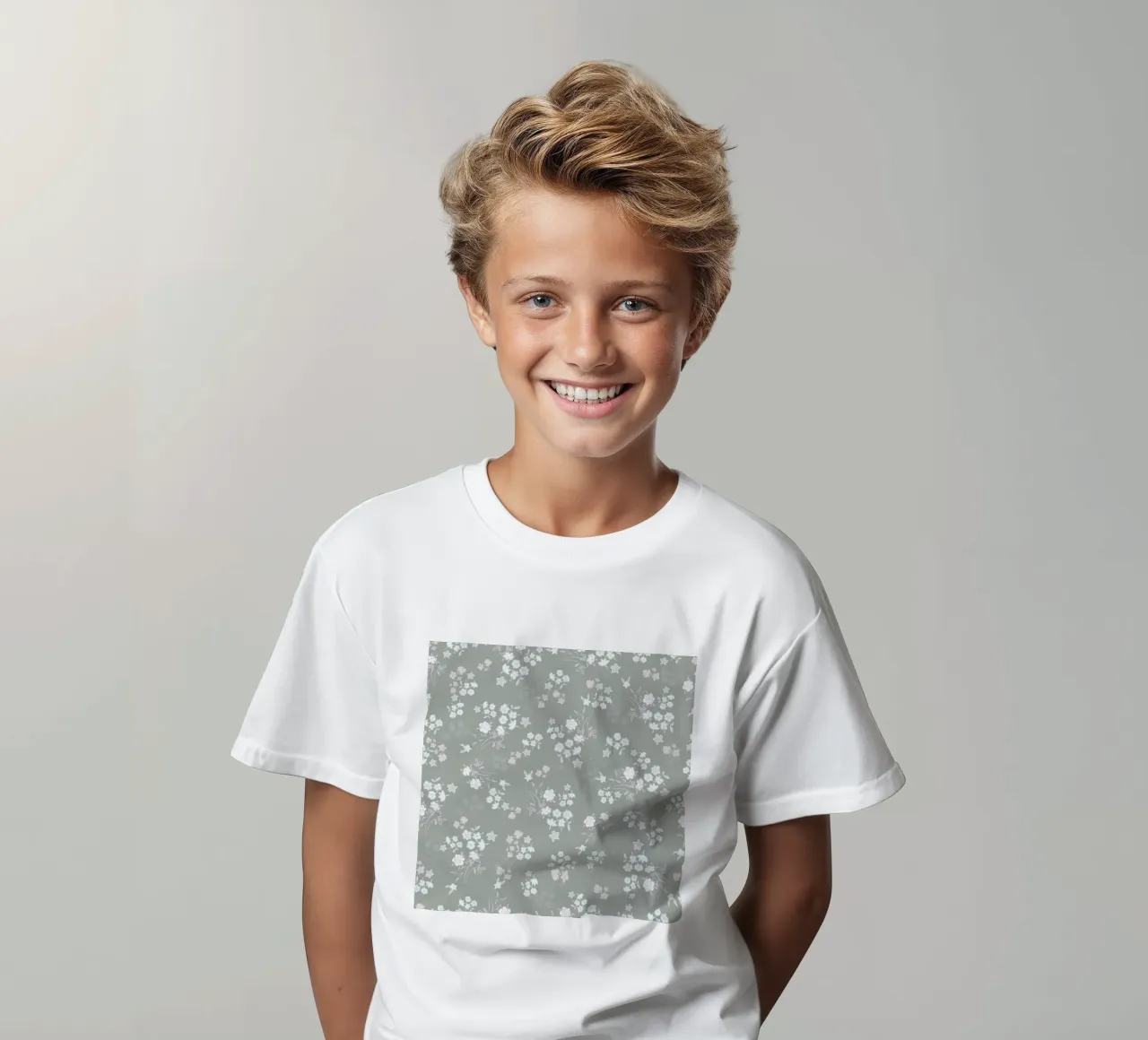 White ditsy pattern with green background kids t-shirt by gulsengunel