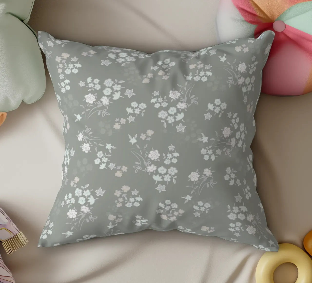 White ditsy pattern with green background decorative cushion by gulsengunel