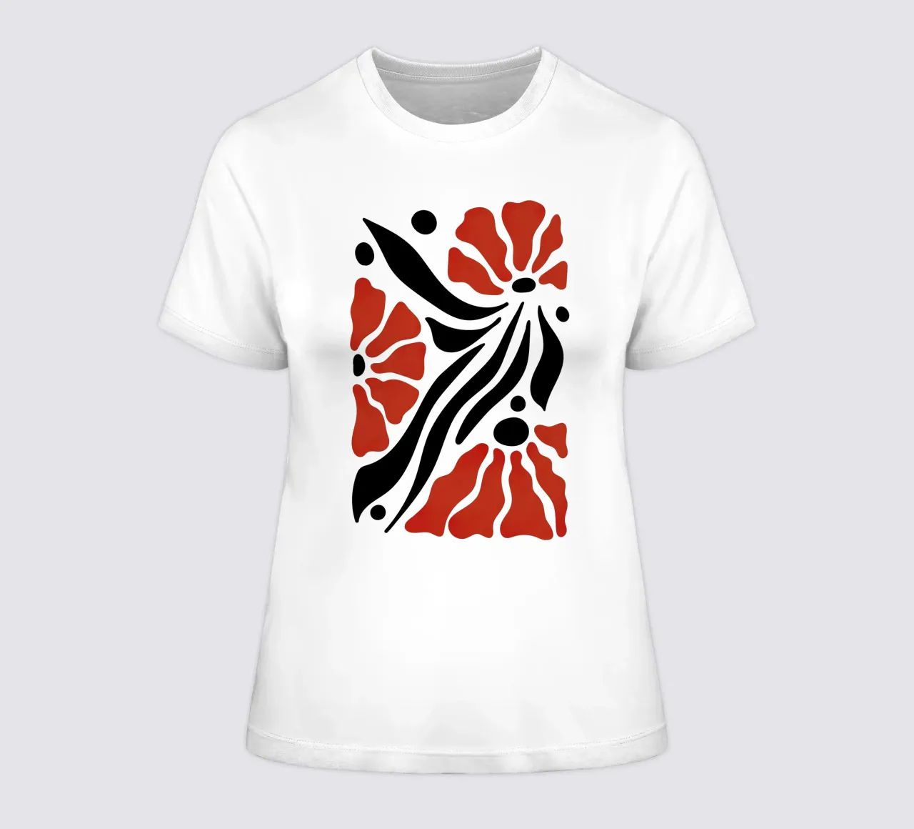 Ruby Petals -  Abstract Flowers and Black Leaves women's fitted t-shirt by Dream Print Designs