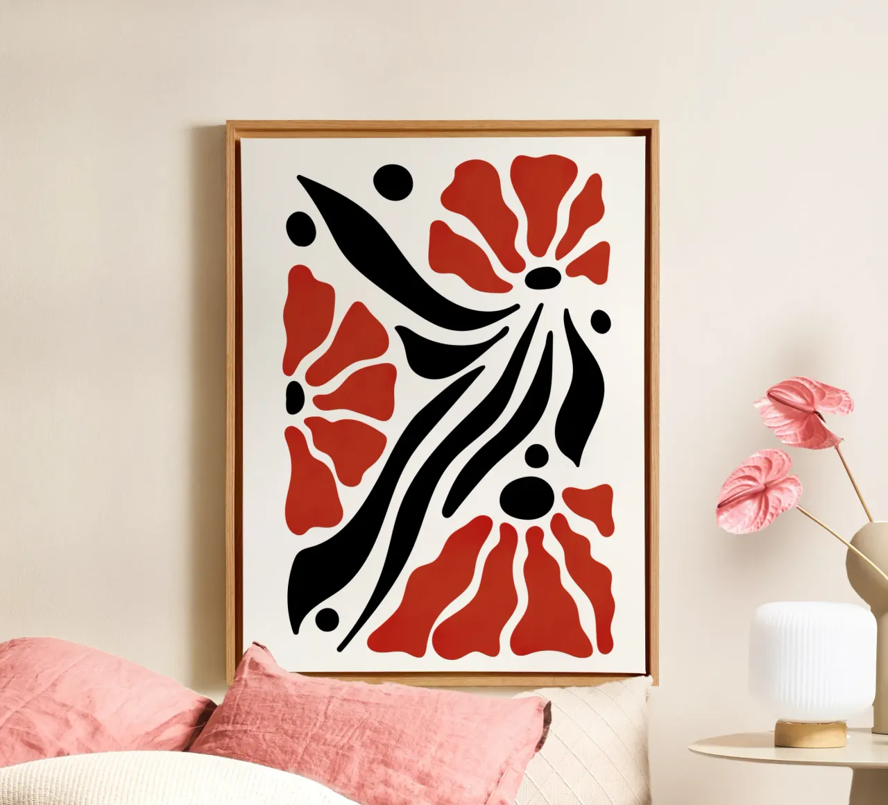 Ruby Petals -  Abstract Flowers and Black Leaves tela da Dream Print Designs
