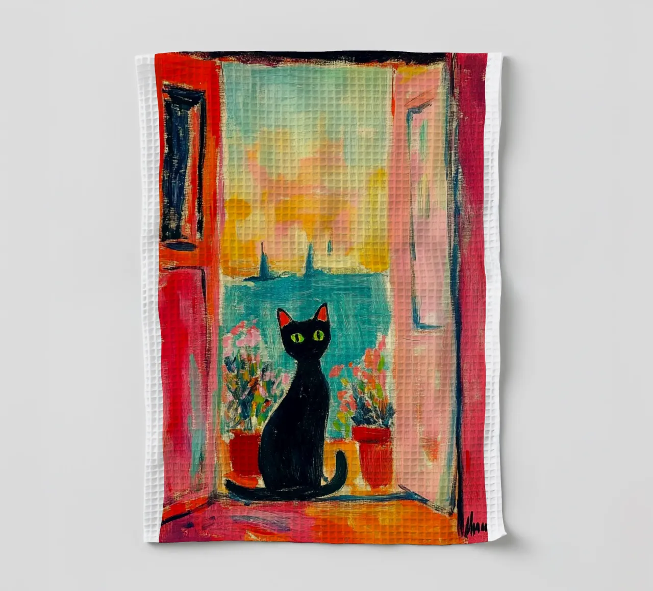 chat noir dans la fenêtre torchon de gudikan store