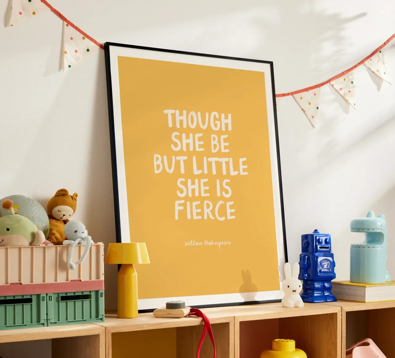 She Is Fierce - Yellow - Nursery & Kids poster with wooden frame by Print52