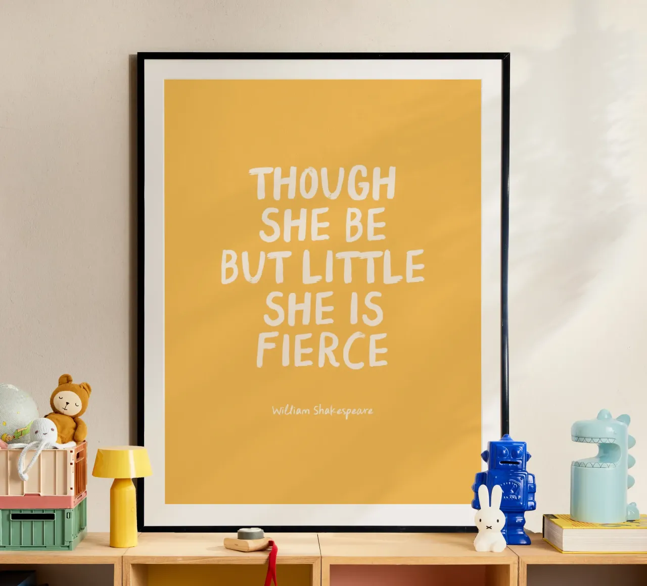 She Is Fierce - Yellow - Nursery & Kids poster with wooden frame by Print52