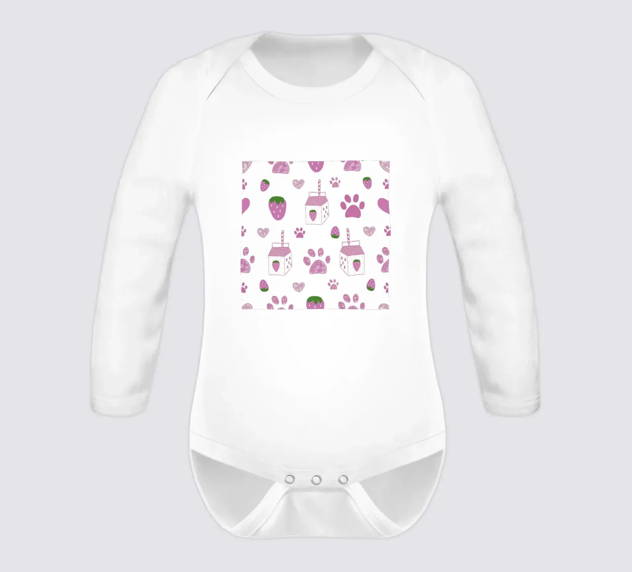 Strawberry milk and cute paw prints long-sleeve baby romper by gulsengunel