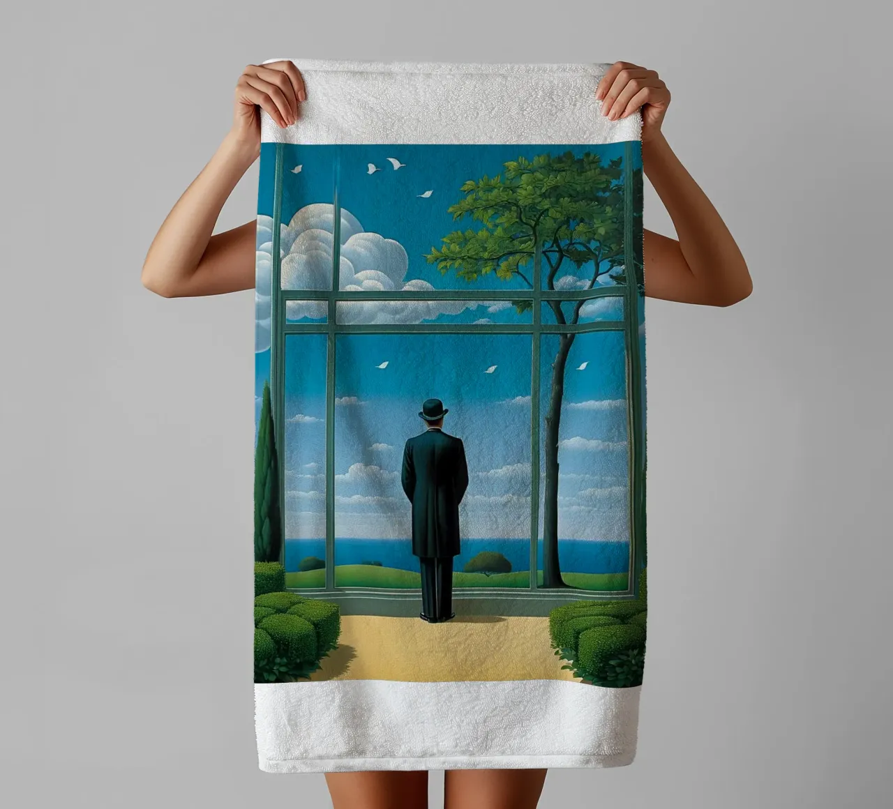 in the style of Rene Magritte towel by Corene Morar